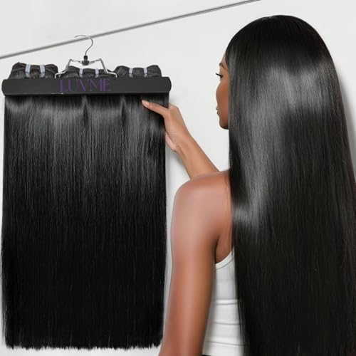 LUVME Straight Human Hair Bundles 16 18 20 Inch, 3 Pack Virgin Brazilian Hair Weave, Unprocessed 15A Grade Double Weft, Silky Natural Look with Thick Ends