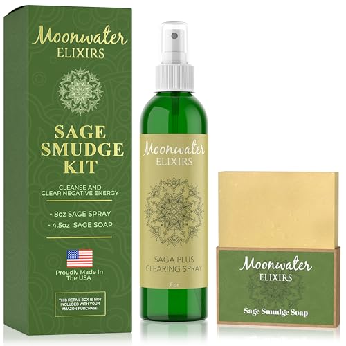 Moonwater Elixirs Smudge Spray Bundle - White Sage Smudge Spray and Sage Soap for Cleansing Negativity, Smokeless Smudging Kit to Support Positive Aura, and Cleansing Negative Energy-8oz