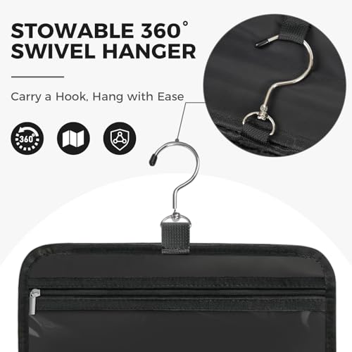 Toiletry Bag For women,Portable Hanging Organizer,4 Leakproof Compartment for full-sized Conditioner, Brushes Set, Makeup Accessories,Visible and easy to access.L-black