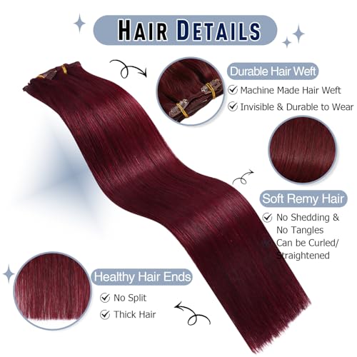 Sunya Clip in Hair Extensions Real Human Hair 7 Pcs Human Hair Clip in Extensions 14 Inch Straight Double Weft Remy Human Hair Extensions Clip ins for Women #99J Burgundy 70G