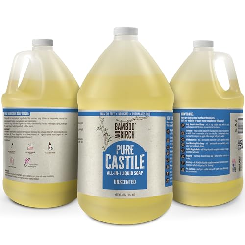 BAMBOO AND BIRCH Pure Castile Soap Liquid, Certified Palm Oil Free Natural Soap, Unscented, 1 Gallon