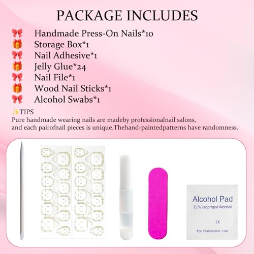 10 Pcs Duck Press on Nails Medium Fake Nails Sea Waves Pink French Tip Handmade False Nails with Glue, with 3D Golden Heart Design Artificial Acrylic Stick on Nails for Women£¨M£©