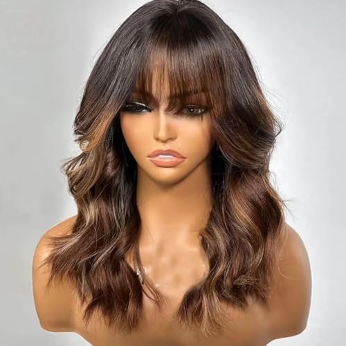 Mixed Colored 1B/30 Higjhlight 27 Ombre Brown and Honey Blonde Layered Cut Wavy Human Hair Wig with Bangs 13X6 HD Lace Front Bleached Knots Loose Wave Bangs Wig 150 Density 14 Inch