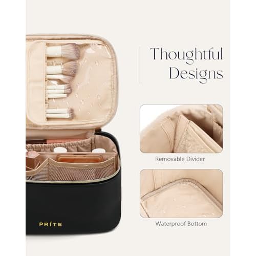 Prite Makeup Bag Portable Cosmetic Organizer with Brush Holder Waterproof Travel Toiletry Bag for Women with Handle and Divider (Black)