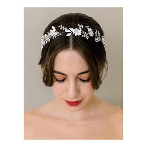 SWEETV Handmade Bridal Headband Silver Wedding Hair Accessories for Brides Hair Pieces Floral Wedding Headpieces for Flower Girl Bridesmaid