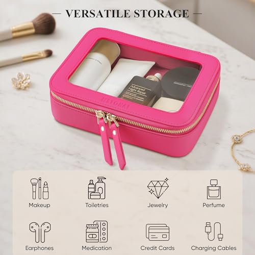 Clear Makeup Bag, Travel Toiletry Bag Cosmetic Case for Women, Waterproof Portable Make Up Skincare Pouch with Zipper, Compact Car Organizer Bag for Essentials, Mini & Medium, Hot Pink
