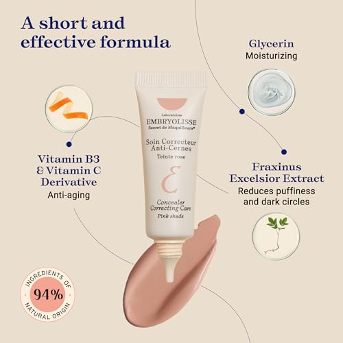 Embryolisse Concealer Correcting Skincare, Covers Dark Circles & Puffiness, Hydrating Under Eye Makeup with Age-Defying Vitamin B3 & E, 0.27 fl oz