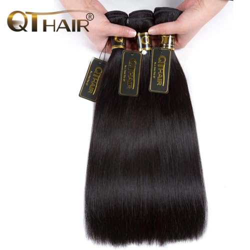 QTHAIR 16A Brazilian Virgin Straight Human Hair with Lace Closure (14/16/18+12 Inch, Natural Black) 100% Unprocessed Straight Brazilian Virgin Hair Weave with 4x4 Swiss Lace Closure