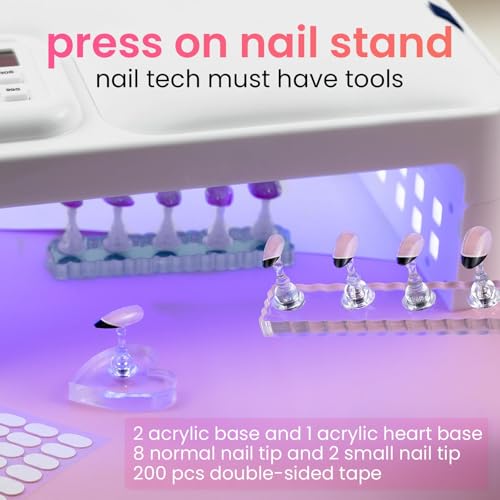 ESUOHYM Nail Stand For Press On Acrylic Strong Magnetic Nail Holder Kit For Painting Nails Tip Arts Display With 200PCS Double-Sided Tape And 1 Heart Shaped Acrylic Magnetic Presson Stands Nail Art Supplies