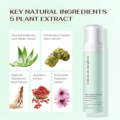 Mild Foaming Facial Wash Cleanser Mousse with Aloe Leaf Water, Amino Acids & Vitamin B5, Gentle Hydrating Face Wash for All Skin Types, 200ml