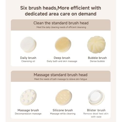 Electric Body Scrubber Bath Brush- for Exfoliating and Massage, IPX7 Waterproof for Showering, Cordless and Rechargeable, Spinning Skin Cleansing Brush with 5 Attachments