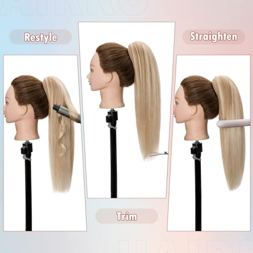 Hairro Claw Clip Ponytail Human Hair Extensions Jaw On Ponytails Remy Long Straight Jaw/Claw Clips Pony Tail Hairpieces For Women 20 Inch 120g #4P27 Medium Brown Mix Dark Blonde