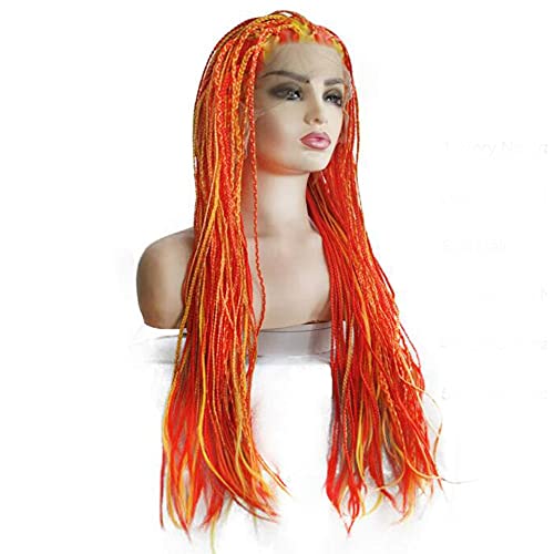 xiweiya 13x3 Lace Yellow Mixed Orange 28" Afro Twist Wig Micro Box Braids Natural Crochet Hair with Heat Resistant Fiber Mermaid Colorful Synthetic Lace Front Wig Middle Cap Size for Women