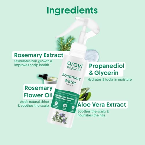 Aravi Organic Rosemary Water Hair Spray with Aloe Vera & Rice Water | Stimulates Hair Follicles, Boosts Hair Growth & Thickness, Reduces Hair Fall, Breakage & Dandruff | For Men & Women - 100ml