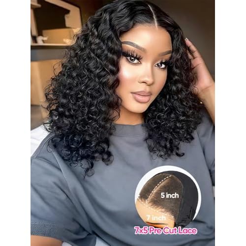 ISEE Glueless Bob Wigs Human Hair Pre Plucked Pre Cut Water Wave Human Hair Wig for Black Women 5x7 HD Lace Closure Wigs 180% Density (Black, 16 Inch)