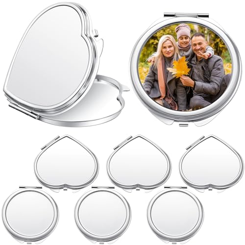 Jetec 6 Pcs Sublimation Blanks Products Small Compact Mirror Bulk Heat Transfer Folding Pocket Makeup Mirror Heart Round Double Sided Handheld Mirror Sublimation Mirror for Women Gift Purse Travel