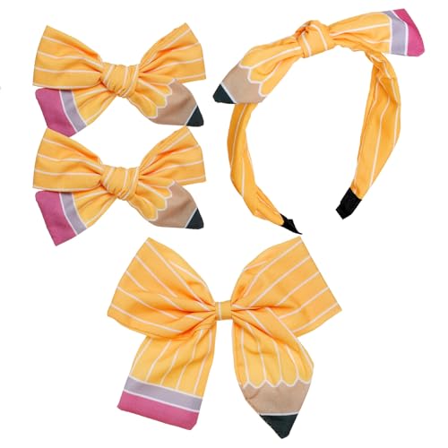 4Pcs Pencil Hair Bow Clips Headband Accessories Set Back to School Stuff for Girl Kindergarten First Day of School Outfits