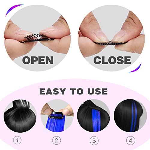 12 PCS Blue Hair Extensions Clip in, Colored Party Highlights Extension for Kids Girls Synthetic Hairpiece Straight 22 inch