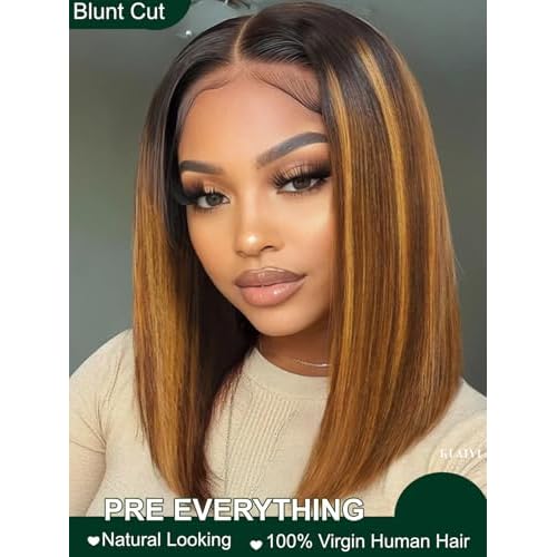 KLAIYI Bye Bye Knots Glueless Wig Ombre Brown with Blonde Bob Straight Precut 7x5Lace Front Human Hair Wig with Dark Roots Pre Plucked Bleached Blunt Cut Balayage Highlight Ready to Wear and Go 14Inch