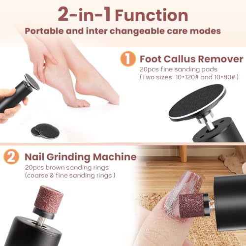Electric Foot Callus Remover, 2 in 1 Electric Foot File Nail Grinder with 6 Speed, Rechargeable Callus Remover for Feet with 2 Mode Disc Sandpaper, Foot Sander Tool for Feet Dry Dead Skin
