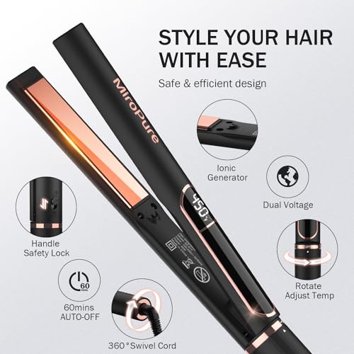 MiroPure Flat Iron Hair Straightener, 1 Inch Titanium Plates Hair Straightener with 15S Heat-up, Professional MCH Ceramic Negative Ion Hair Iron Dual Voltage for Women Hair with Auto Shut-Off