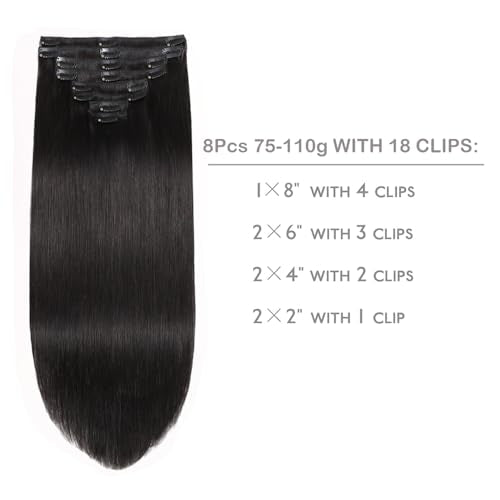 Remy Hair Extensions clip ins Hair Etensions for Women 1b Black Double Weft Natural Hair Extensions Straight 8Pcs Soft and Thick 24inch 110g