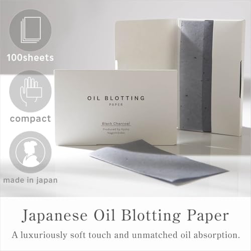 Oil Blotting Paper 100 Sheets,pack of 1 ? Natural Black Charcoal Facial Tissues with Premium Washi Japanese Paper, Portable Easy Dispensing, Made in Japan, Skin-Care & Makeup Essential