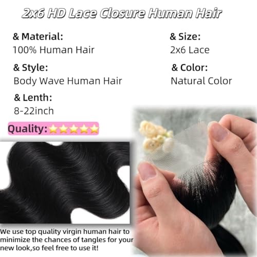 2x6 HD Lace Closure Body Wave Human Hair Transparent 2 by 6 HD Lace Closure 18Inch 100% Brazilian Virgin Unprocessed Middle Part Human Hair Kim K Closure With Baby Hair Natural Color