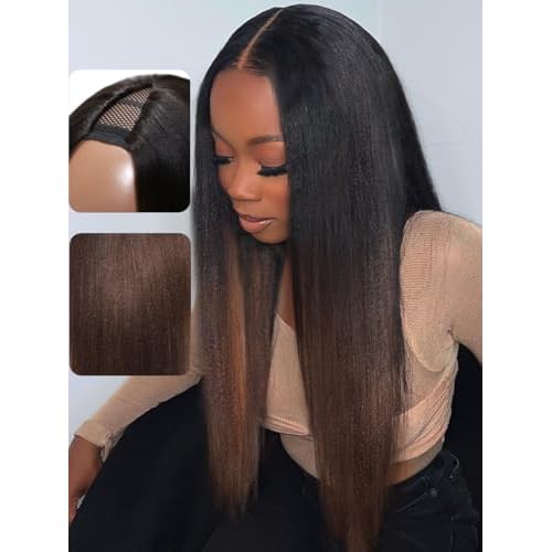 UNICE EasiContour V Part Wigs Human Hair Yaki Straight Glueless Clip in Vpart Human Hair Wig No Sew in No Glue Ombre Chestnut Brown Beginner Friendly 150% Density 20 inch