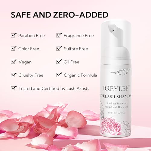 BREYLEE Shampoo for Lash Extensions, 60ml+Rinse Bottle+Brushes, Eyelash Extension Cleanser, Lash Wash Bath, Lash Cleaner for Makeup Cleansing Foams, Paraben & Sulfate Free for Salon and Home Use