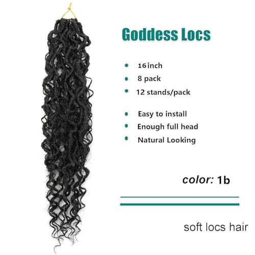 16 inch Goddess Locs Crochet Hair 8 Packs Bohemian Faux Locs With Curly Ends 8 Packs Goddess Faux Locs Crochet Hair for Black Women Boho Faux Locs Crochet Hair Pre-looped 1b