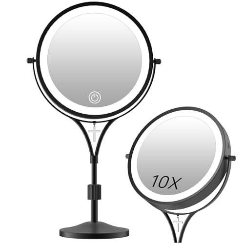 Lighted Makeup Mirror with Magnification, 1x/10x Magnifying Mirror with 3 Color and Blessed Cross, 7" Rechargeable Brightness Dimmable Height Adjustable Vanity Mirror, Christian Women Gift