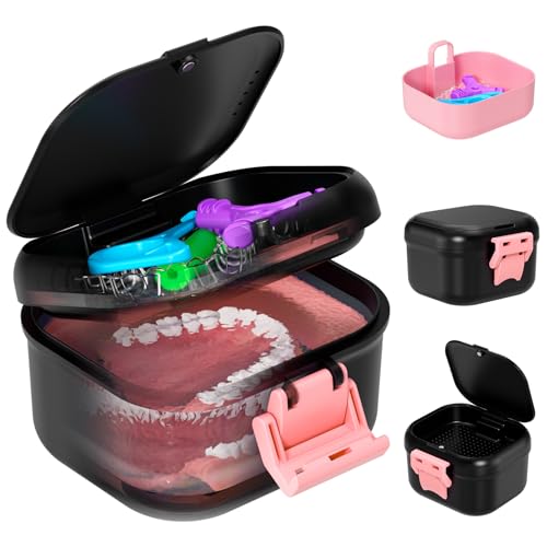 Leak Proof Denture Case, Travel Denture Cup for Soaking Dentures & Retainer, Retainer Cleaner Case, Upgraded Double-Layer False Teeth Container with Strainer, Black+Pink.