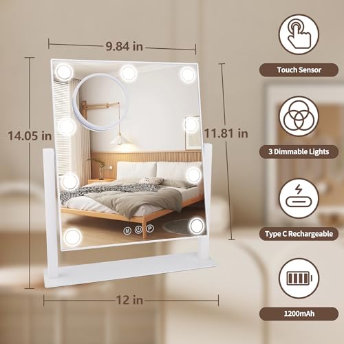 Lighted Makeup Mirror, 14"x 12" Hollywood Vanity Mirror with 9 LED Bulbs, 3 Color Lights, and Detachable 10X Magnification Mirror, 1200mAh Rechargeable, Touch Control, 360¡ÆRotation (White)