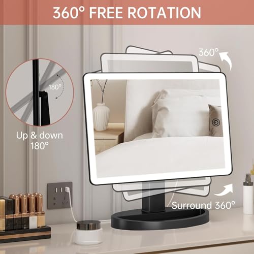 FUNTOUCH Large Lighted Makeup Mirror with Lights, 3 Color Lighting Modes Light Up Mirror with 88 LED, 10X Magnification and 360¡Æ Rotation Touch Screen Tabletop Cosmetic Vanity Make Up Mirror (Black)
