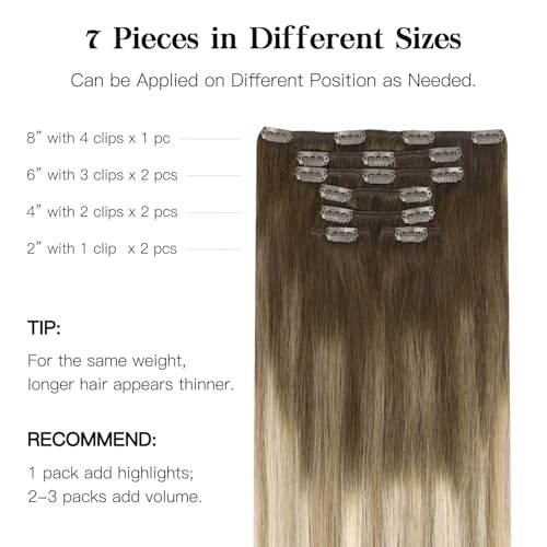 HOTBANANA Human Hair Clip in Hair Extensions, Ombre Walnut Brown to Ash Brown and Bleach Blonde 120g Clip in Hair Extensions Real Human Hair Straight Remy Hair Clip Ins 20 Inch 7pcs