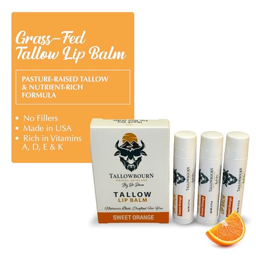 Moisturizing Tallow Lip Balm ? Grass-Fed Beef Tallow with Organic Coconut Oil, Beeswax, and Vitamin E ? Sweet Orange ? Lip Balm Set ? Travel Essential ? 3-Pack