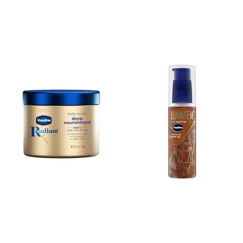 Vaseline Radiant X Deep Nourishment Body Cream 100% Pure Shea Butter, Coconut Oil, Vitamin C, & Peptides 10 oz & Illuminate Me Shimmering Body Oil Created for Melanin Rich Skin, Illuminates Skin
