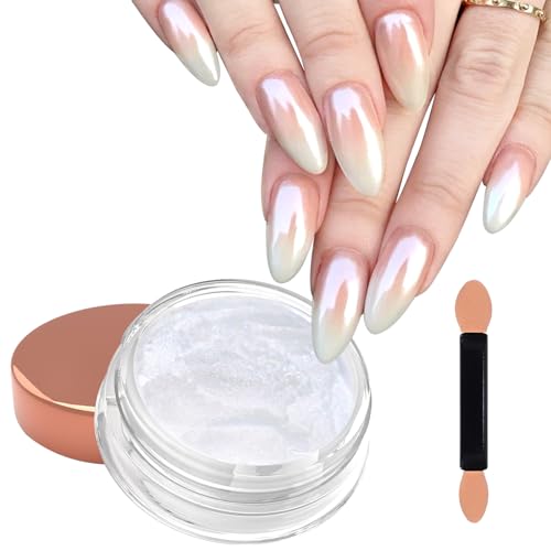 Laza White Chrome Nail Powder Glazed Donut Nails Metallic Effect Pigment Shimmer Pearlescent Mica Powder Iridescent Aurora Nail Glitter Fairy Dust Gel Nail Art Supplies Nail Techs ? Pearl Chrome