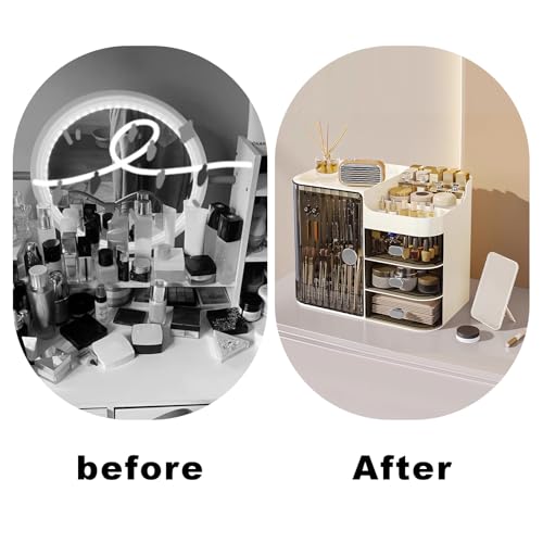 DASITON Makeup Organizer for Vanity,Large Capacity Makeup Storage Organizer with 3-Layer Drawers and Mirror,Cosmetics Display Case Make up Organizers for Vanity,Bedroom,Countertop(Black-Cream)