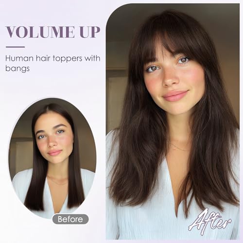 Hair Toppers for Women Real Human Hair 18 Inch Long Straight Toppers for Women with Thinning 7 * 13CM Silk Base Clip in Hairpieces with Bangs (Medium Brown)