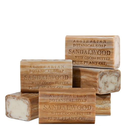 Australian Botanical Soap Sandalwood with Cocoa Butter 6.6 oz Luxury Soap Bars Enriched with Shea Butter, Suitable for Men, Women and All Skin Types, Pack of 6