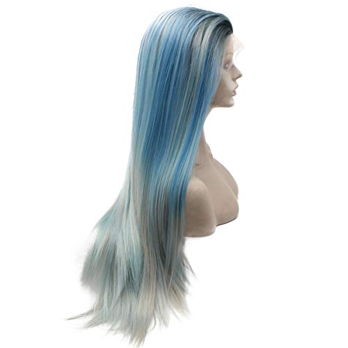 Peakia Long Straight Black Blue Gray Ombre Half Hand Tied Synthetic Lace Front Wig