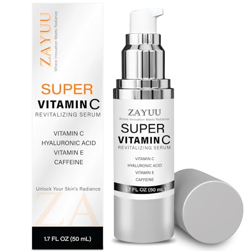 Super Vitamin C Face Serum for Mature Skin: All-In-One Hydrating Anti-Aging Formula - Vitamin C, Hyaluronic Acid, Vitamin E, Caffeine - Face Lift Serum for Wrinkles, Dark Spots - 1.7 fl. oz.