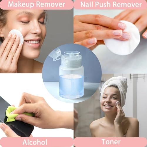 3 Pack Push Down Pump Dispenser with 6 Labels, Empty Push Top Bottles for Nail Polish, Makeup Remover, Micellar Water, Essence, Dish & Facial Toner, 2oz/60ml