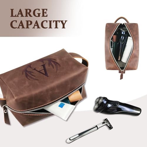 Personalized Toiletry Bag for Men Engraved Initial Cool Gifts for Dad Husband Boyfriend Grandpa Son PU Leather Waterproof Shaving Bag for Toiletries Accessories Travel Essentials (A)