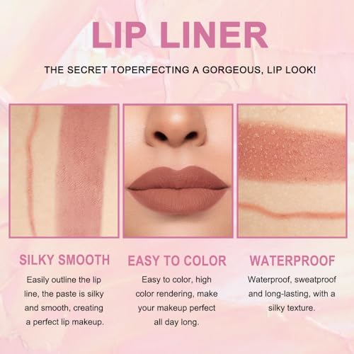 Kaely 2-in-1 Nude Brown Lip Liner & Lipstick Set Kit for Women, Matte Lips Kit with Lip Liner Lip Stains Long Lasting Waterproof 24 Hour Lipstick and Lip Liners Combo Lipliners Pencil Set 12