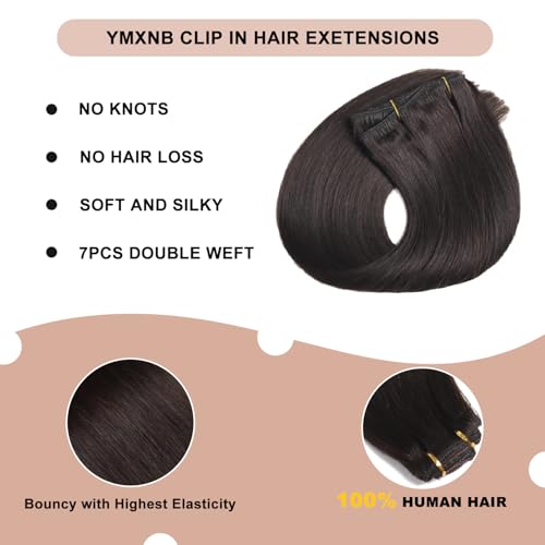 Clip In Hair Extensions Real Human Hair 16Inch 90g 100% Remy Human Hair Extensions Clip Ins Invisible Seamless Straight Human Hair Clip In Extensions 7pcs Double Weft 2#(Black Brown)