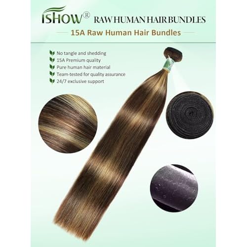 ISHOW Raw Human Hair Bundles, 100% Unprocessed Virgin Human Hair, 15A Straight Premium Quality Bundles Producer, 18 Inch Single Bundle, Long Lasting, Ombre Honey Blonde Color P4/27