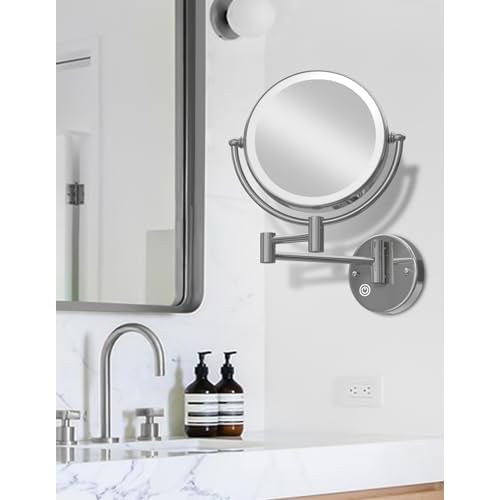 Wall Mounted Lighted Makeup Mirror with Magnification 5X, Rechargeable Magnifying Shaving Cosmetic Mirror with Extendable Swing Arm for Bathroom, Touch Stepless Dimming, Chrome